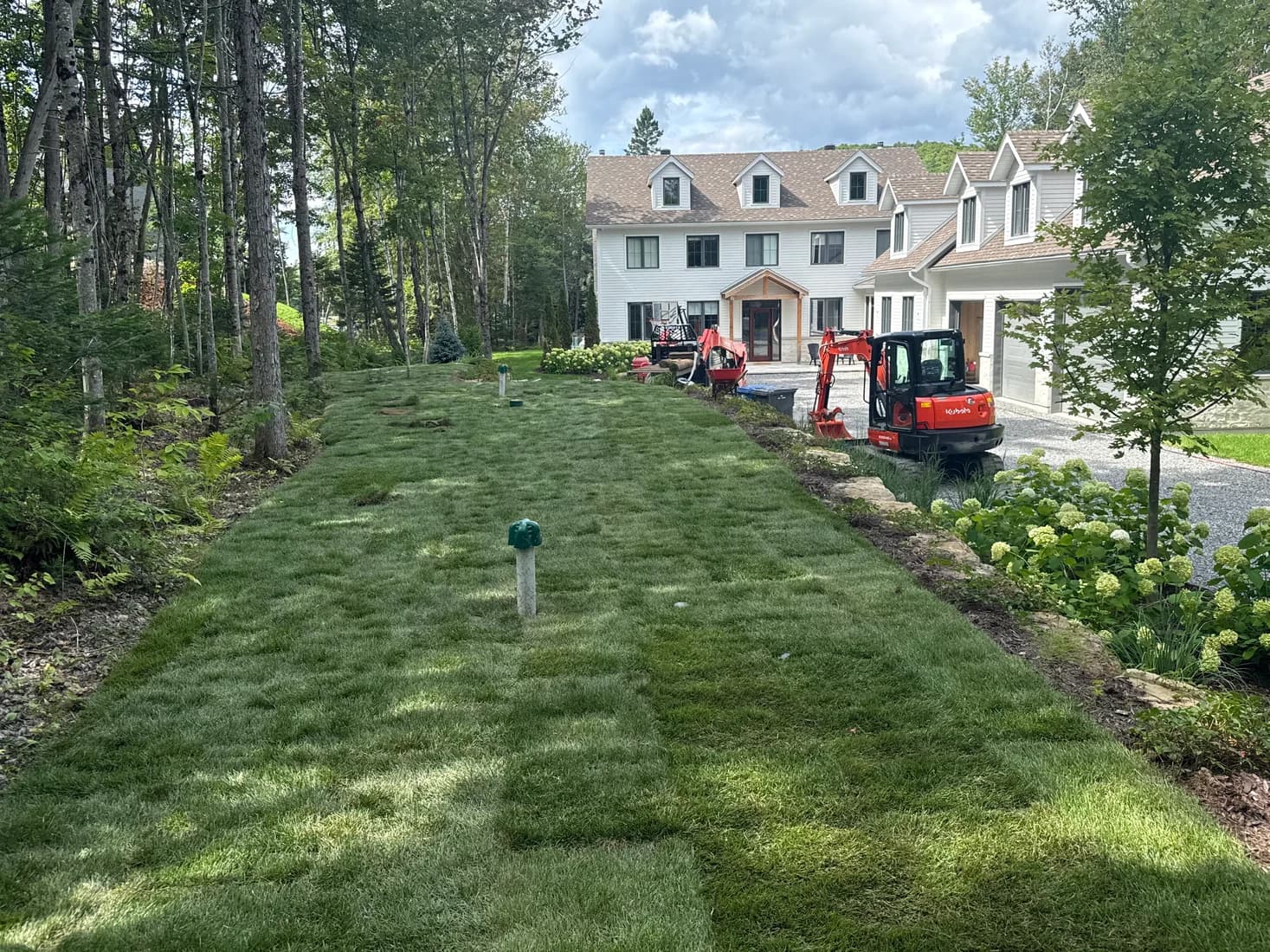 Grande propriété boisée dont le terrain vient d'être recouvert de tourbe, deux machines au fond.