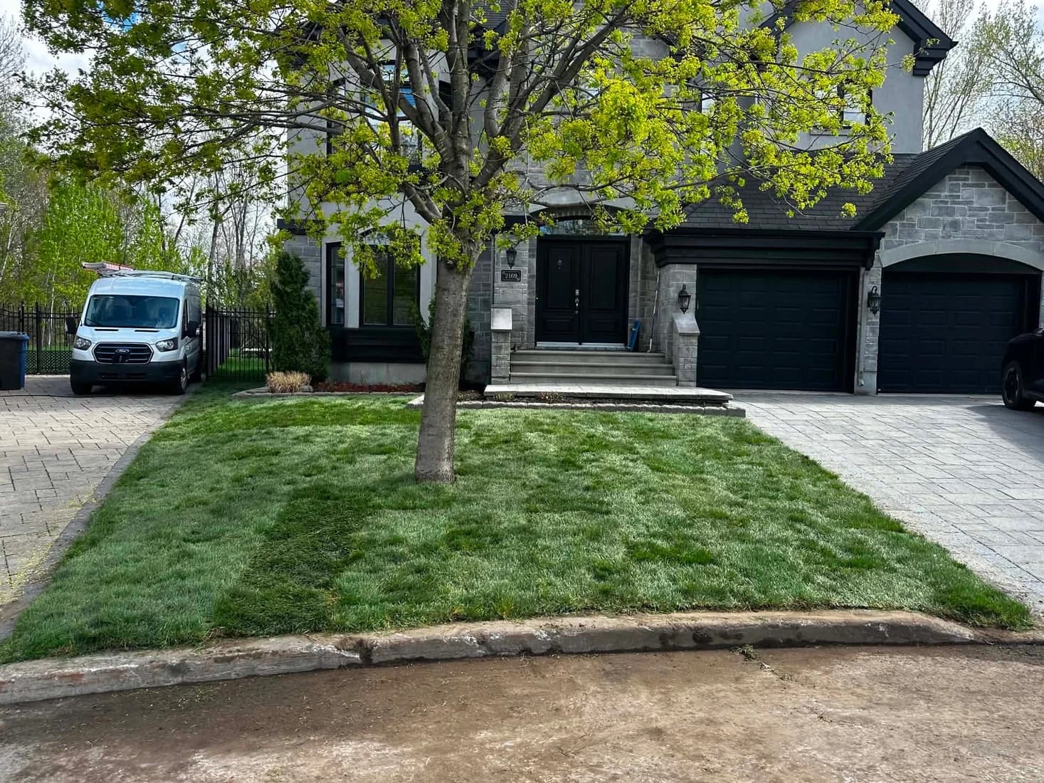 Gazon fraîchement posé devant une maison de pierre, camionnette TerraCare stationnée dans l'entrée.