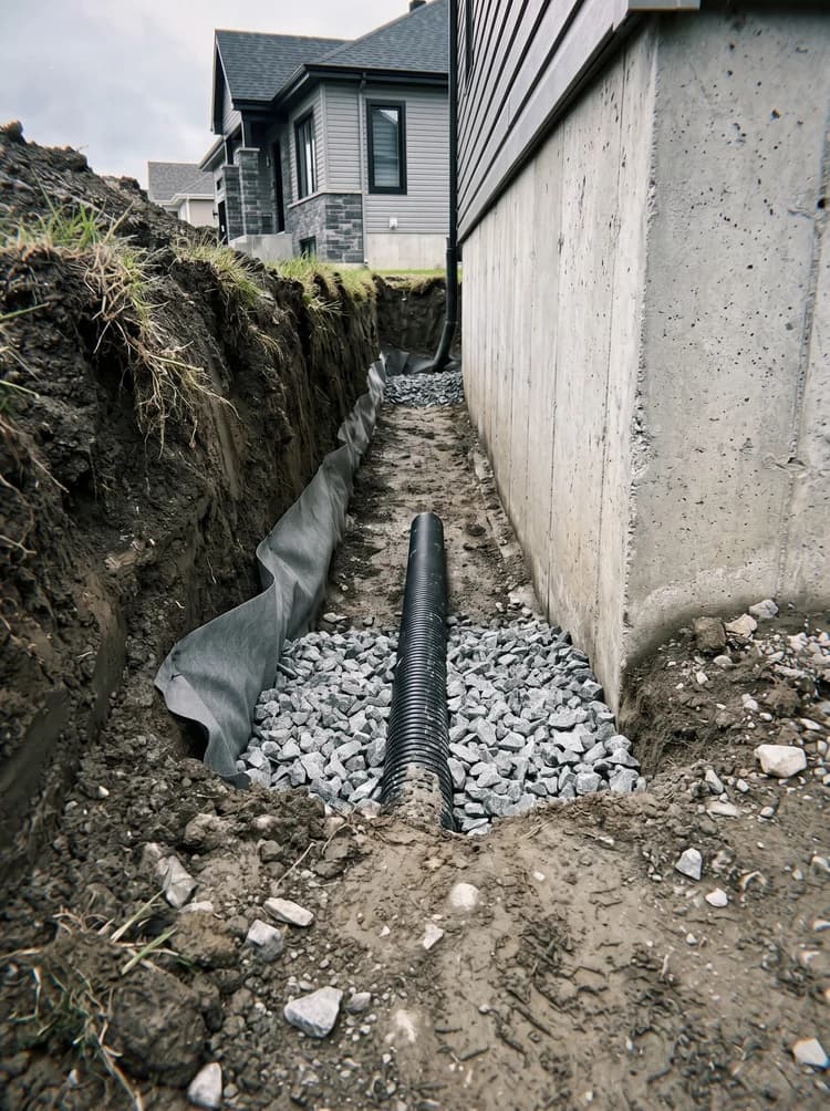 Tranchée ouverte le long d'un mur de fondation, tuyau de drain perforé posé au fond dans la pierre nette.
