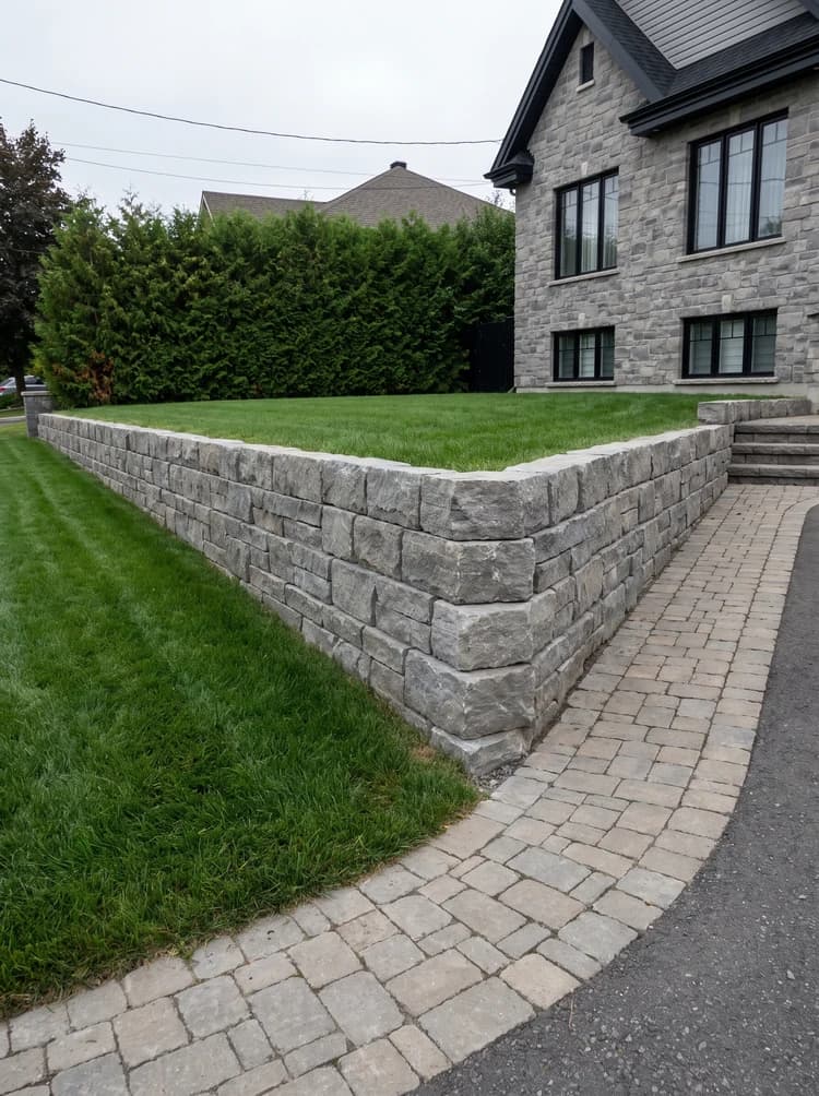 Muret de roche carrée coupée en carrière, monté en assises régulières le long d'une pelouse.